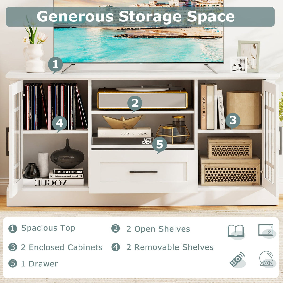 TV Stand for TVs up to 70 with Glass Doors Cubbies and Drawer-White-Entertainment Centers & TV Stands-DECOROLALA