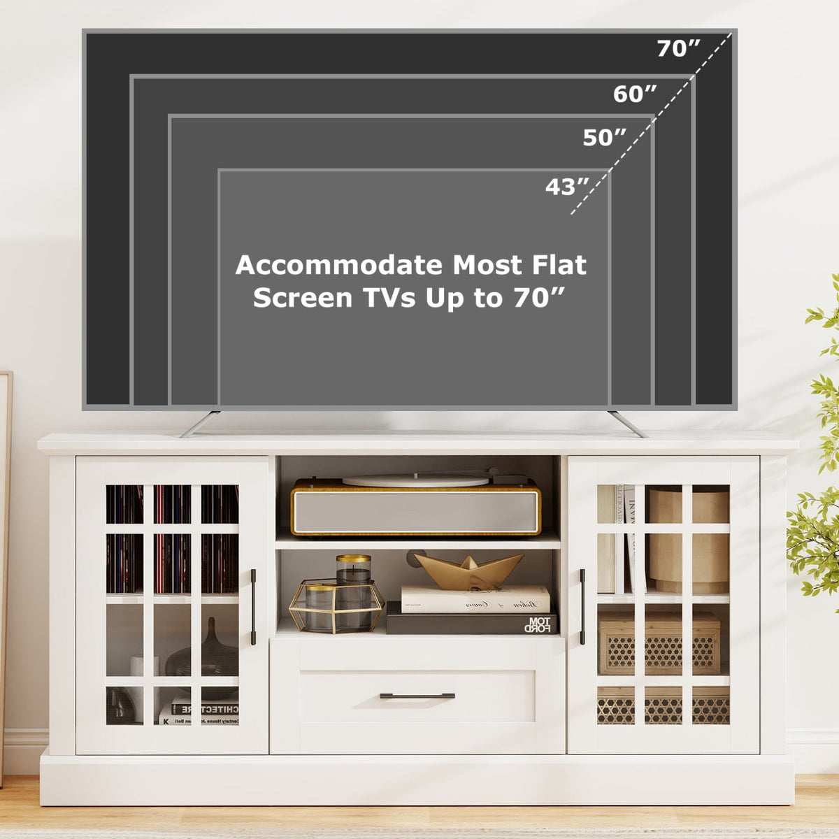TV Stand for TVs up to 70 with Glass Doors Cubbies and Drawer-White-Entertainment Centers & TV Stands-DECOROLALA