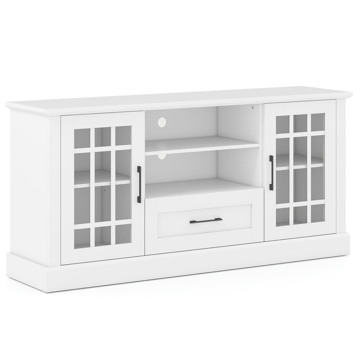 TV Stand for TVs up to 70 with Glass Doors Cubbies and Drawer-White-Entertainment Centers & TV Stands-DECOROLALA