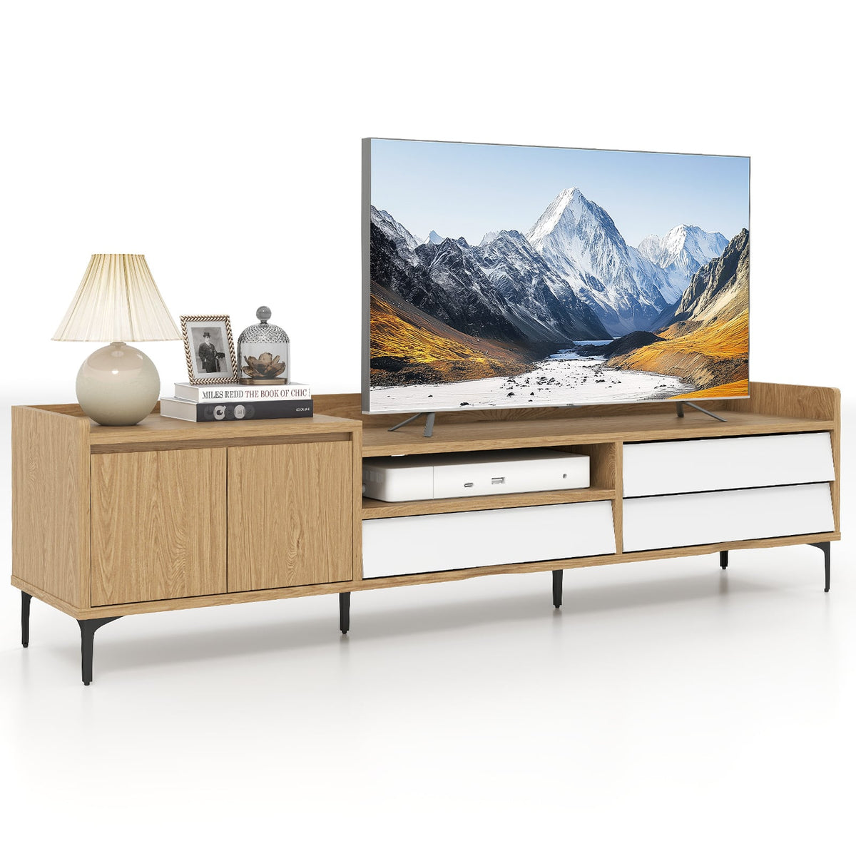 TV Stand for TVs up to 80 Inch Mid Century Modern Entertainment Center with Storage Cabinet-Natural-Entertainment Centers & TV Stands-DECOROLALA