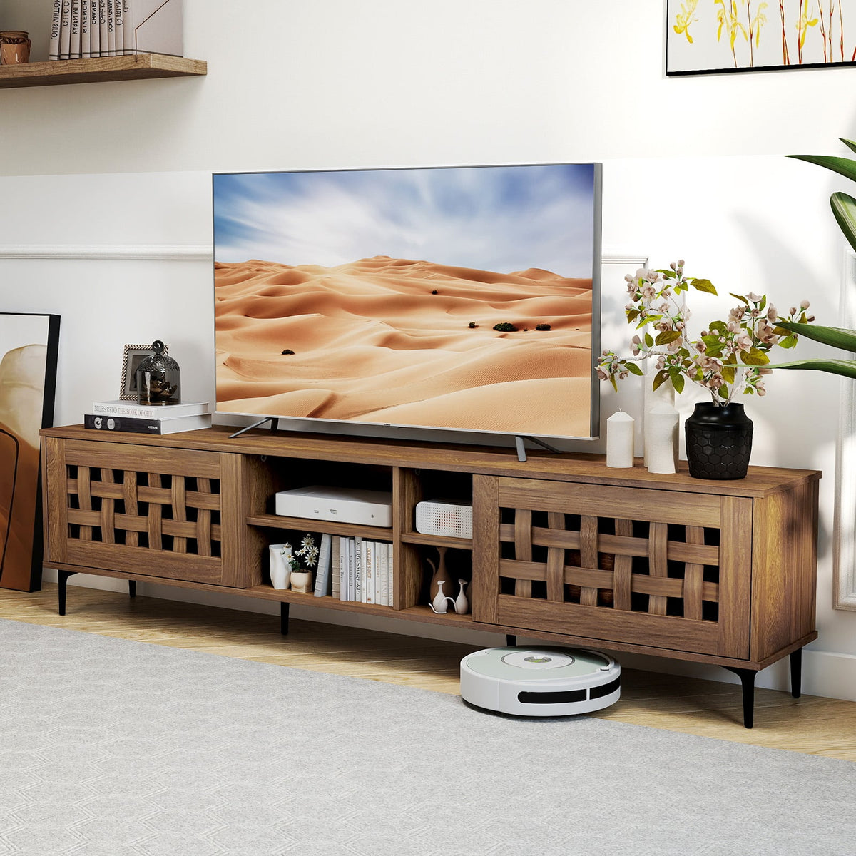 TV Stand for TVs up to 80" with 2 Doors and Storage Cabinets-Walnut-Entertainment Centers & TV Stands-DECOROLALA