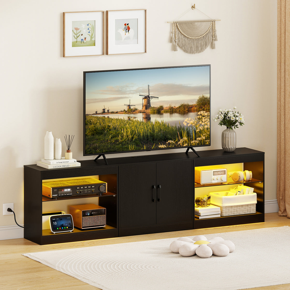 TV Stand for TVs up to 85 Inches LED Entertainment Center with Power Outlets-Black-Entertainment Centers & TV Stands-DECOROLALA