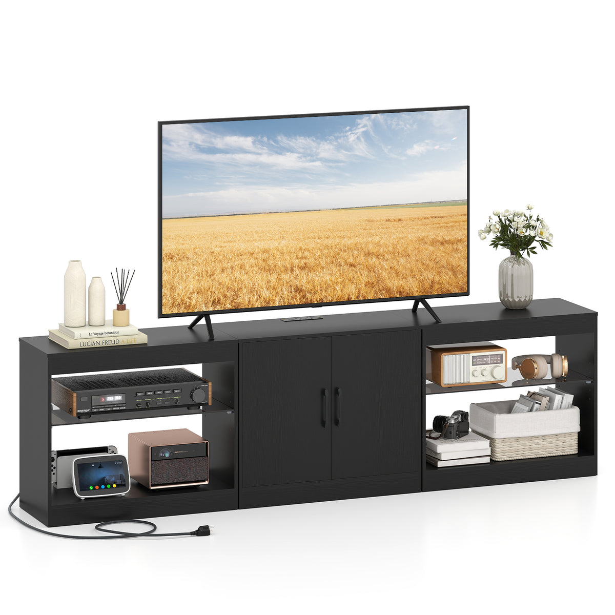 TV Stand for TVs up to 85 Inches LED Entertainment Center with Power Outlets-Black-Entertainment Centers & TV Stands-DECOROLALA