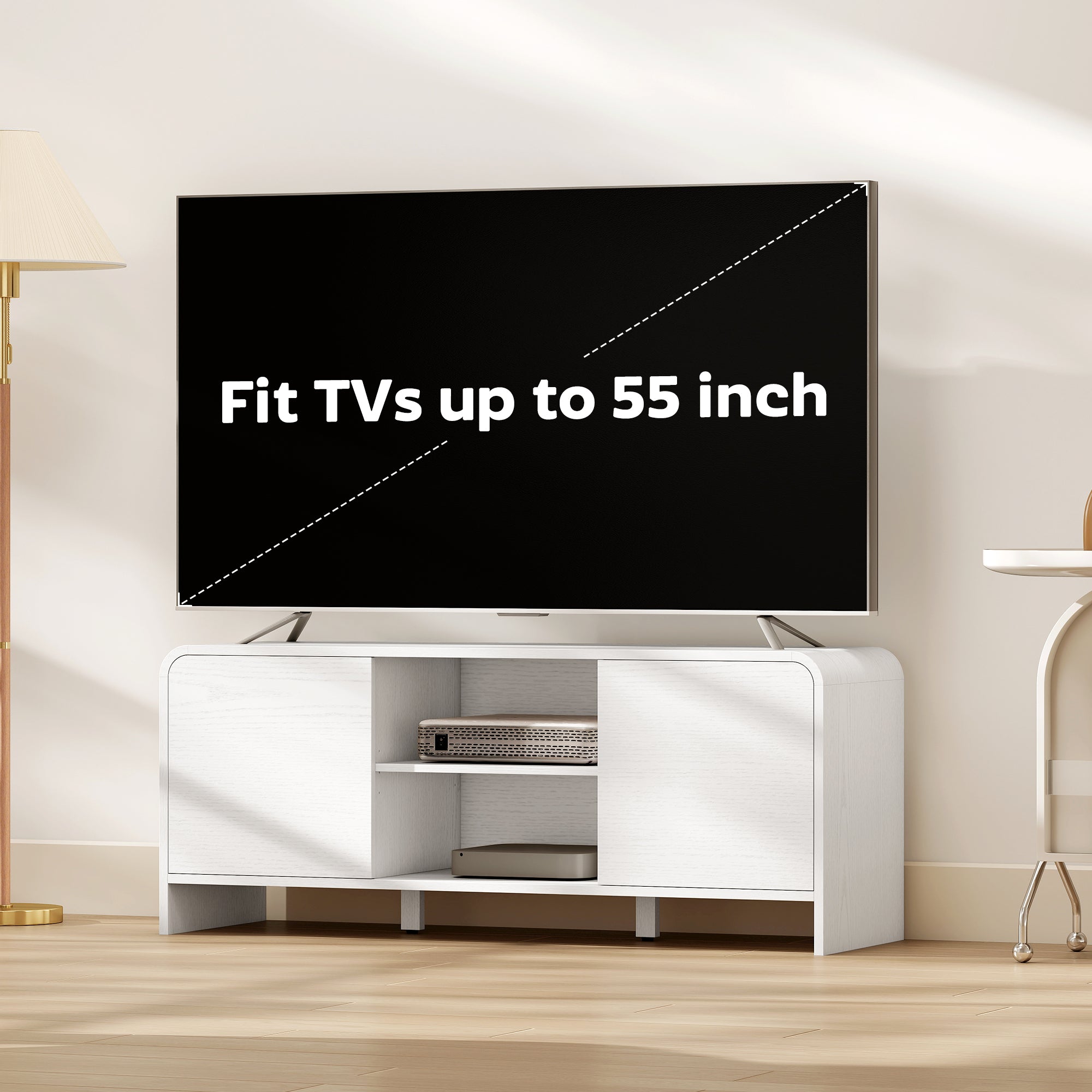 TV Stand for up to 55 Inch TV, Nordic Entertainment Center with 2 Cabinets and 2 Open Shelves for Living Room, White-Home Furnishings > Living Room Furniture > TV¬†Stands-DECOROLALA