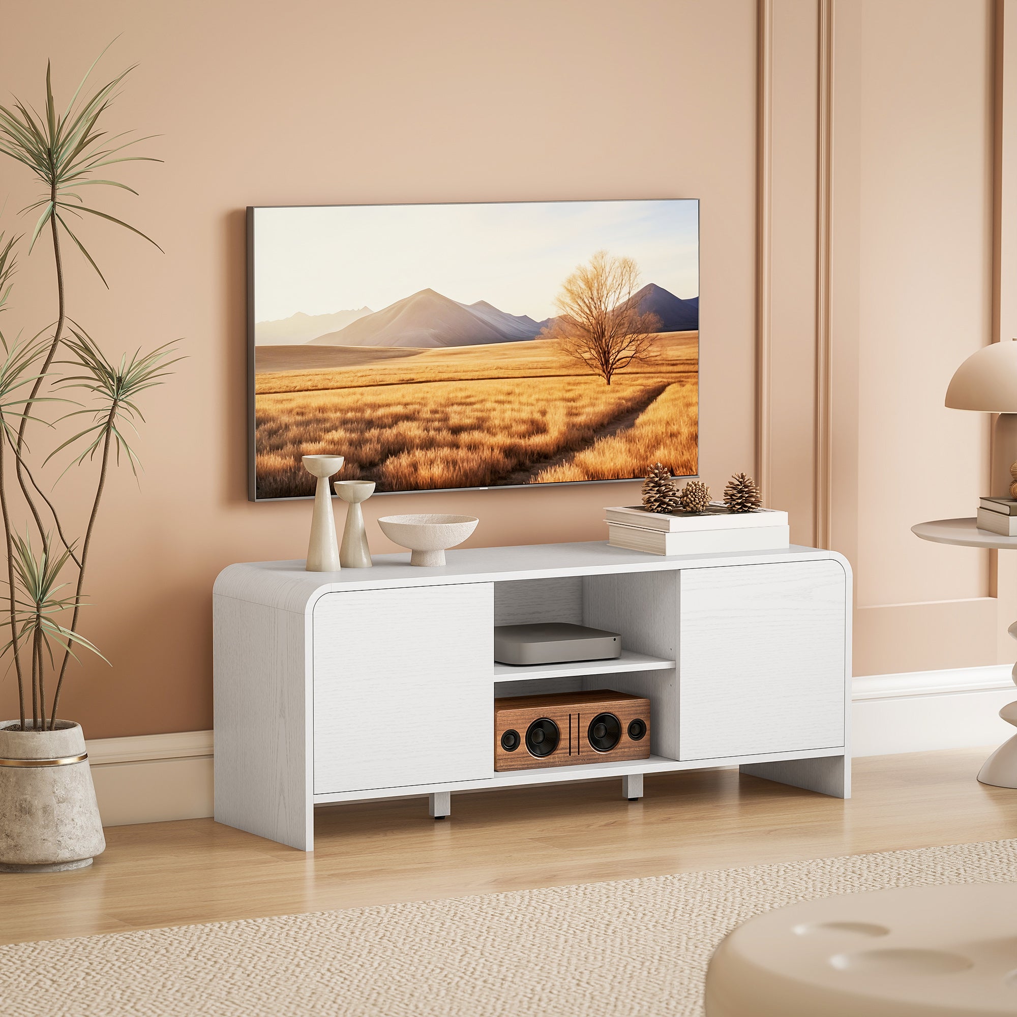 TV Stand for up to 55 Inch TV, Nordic Entertainment Center with 2 Cabinets and 2 Open Shelves for Living Room, White-Home Furnishings > Living Room Furniture > TV¬†Stands-DECOROLALA
