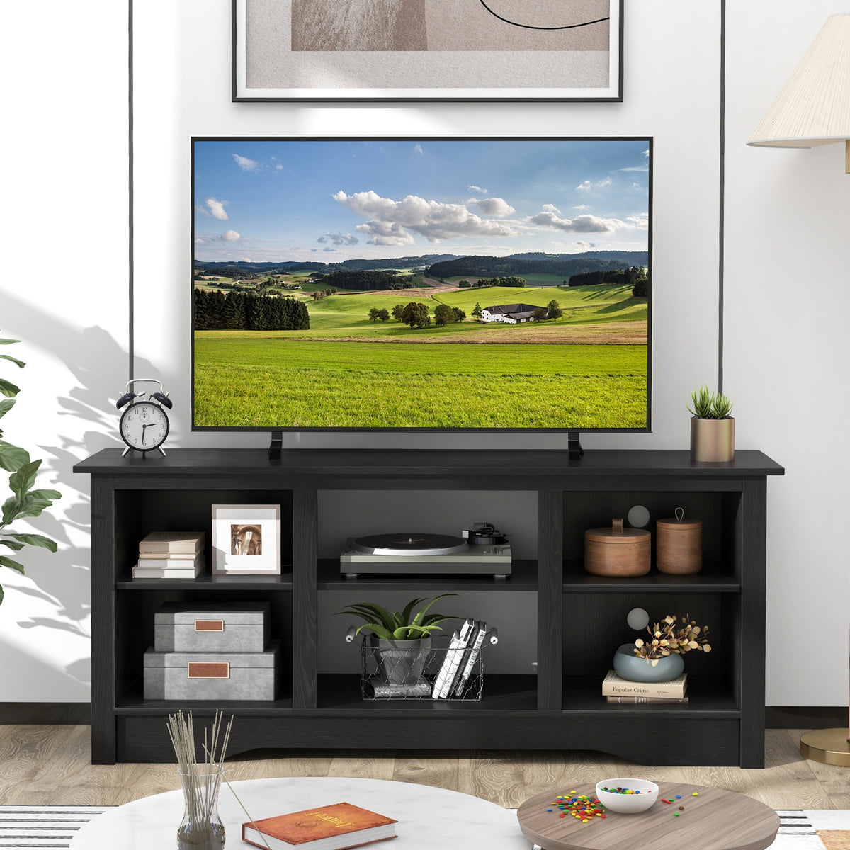 TV Stand for up to 65 Inch Flat Screen TVs with Adjustable Shelves for 18 Inch Electric Fireplace (Not Included)-Black-Entertainment Centers & TV Stands-DECOROLALA