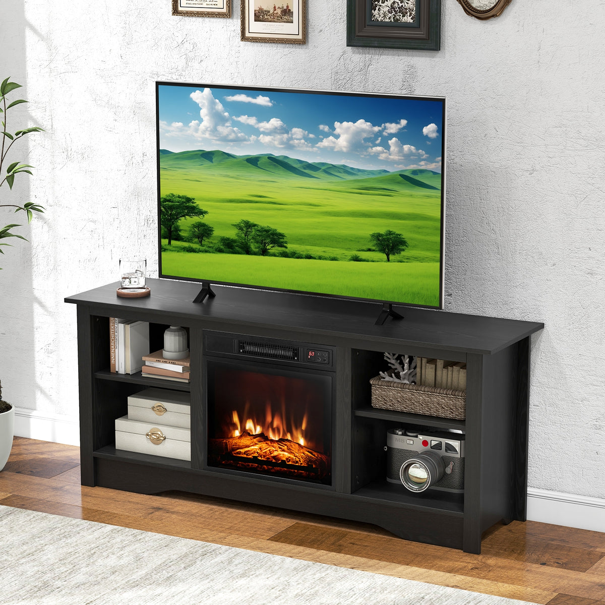 TV Stand for up to 65 Inch Flat Screen TVs with Adjustable Shelves for 18 Inch Electric Fireplace (Not Included)-Black-Entertainment Centers & TV Stands-DECOROLALA