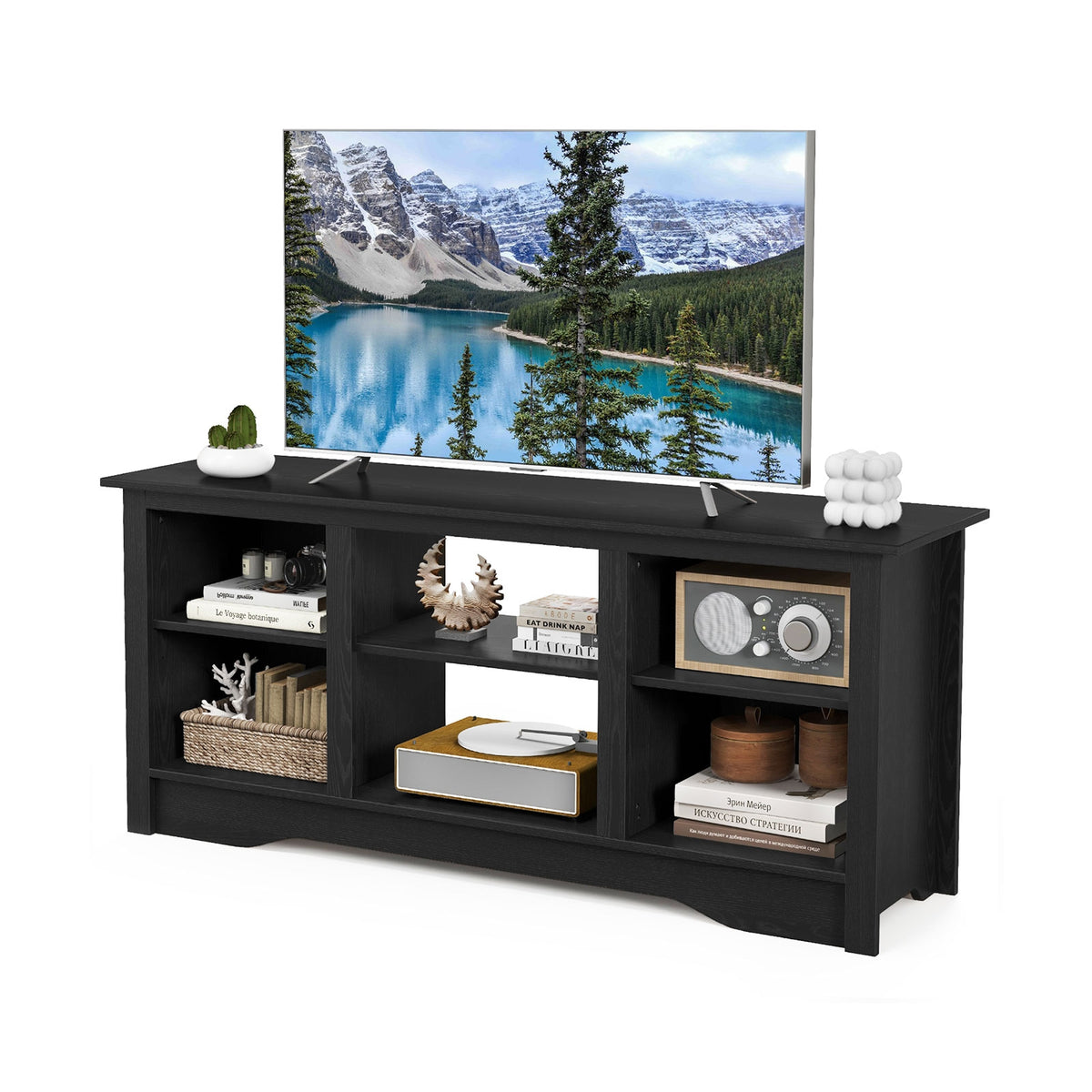 TV Stand for up to 65 Inch Flat Screen TVs with Adjustable Shelves for 18 Inch Electric Fireplace (Not Included)-Black-Entertainment Centers & TV Stands-DECOROLALA