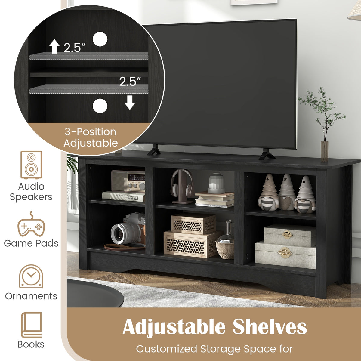 TV Stand for up to 65 Inch Flat Screen TVs with Adjustable Shelves for 18 Inch Electric Fireplace (Not Included)-Black-Entertainment Centers & TV Stands-DECOROLALA