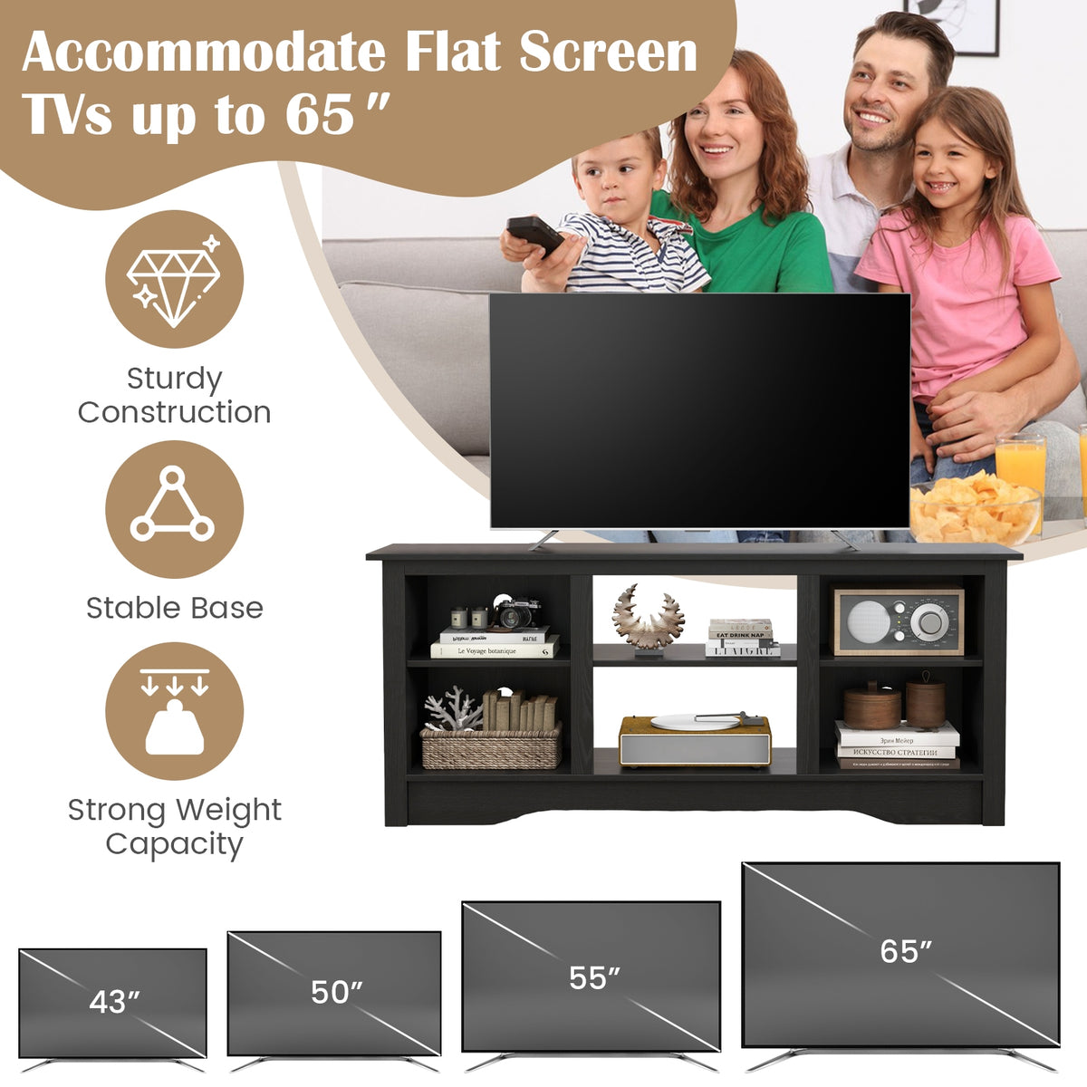 TV Stand for up to 65 Inch Flat Screen TVs with Adjustable Shelves for 18 Inch Electric Fireplace (Not Included)-Black-Entertainment Centers & TV Stands-DECOROLALA