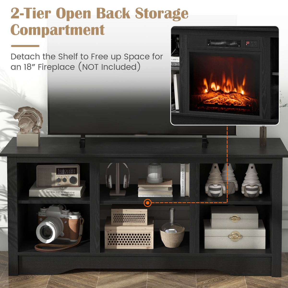 TV Stand for up to 65 Inch Flat Screen TVs with Adjustable Shelves for 18 Inch Electric Fireplace (Not Included)-Black-Entertainment Centers & TV Stands-DECOROLALA