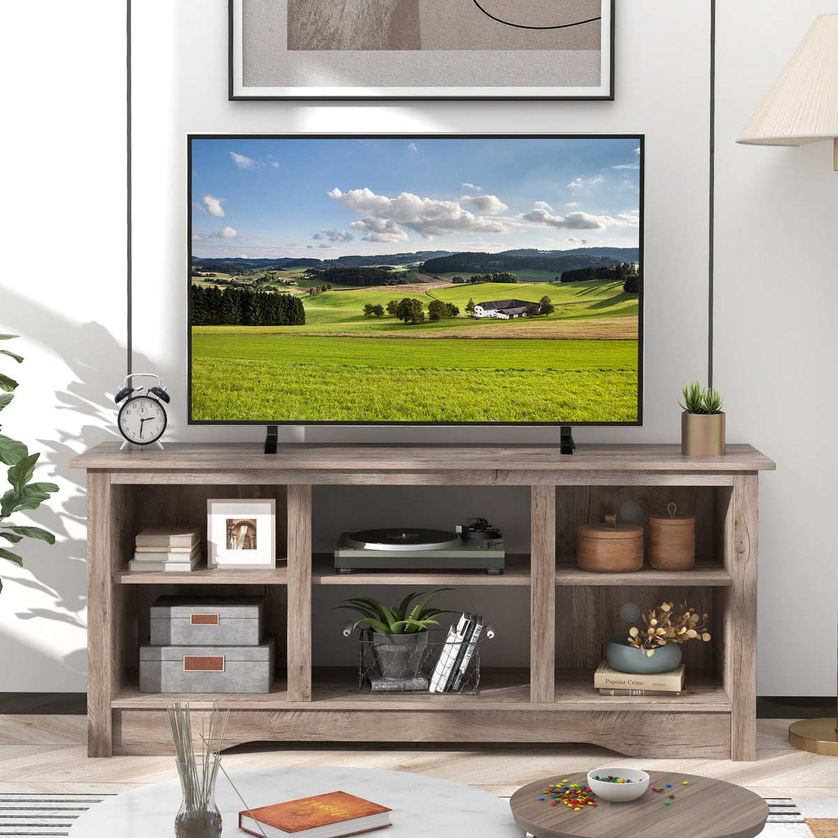 TV Stand for up to 65 Inch Flat Screen TVs with Adjustable Shelves for 18 Inch Electric Fireplace (Not Included)-Gray-Entertainment Centers & TV Stands-DECOROLALA