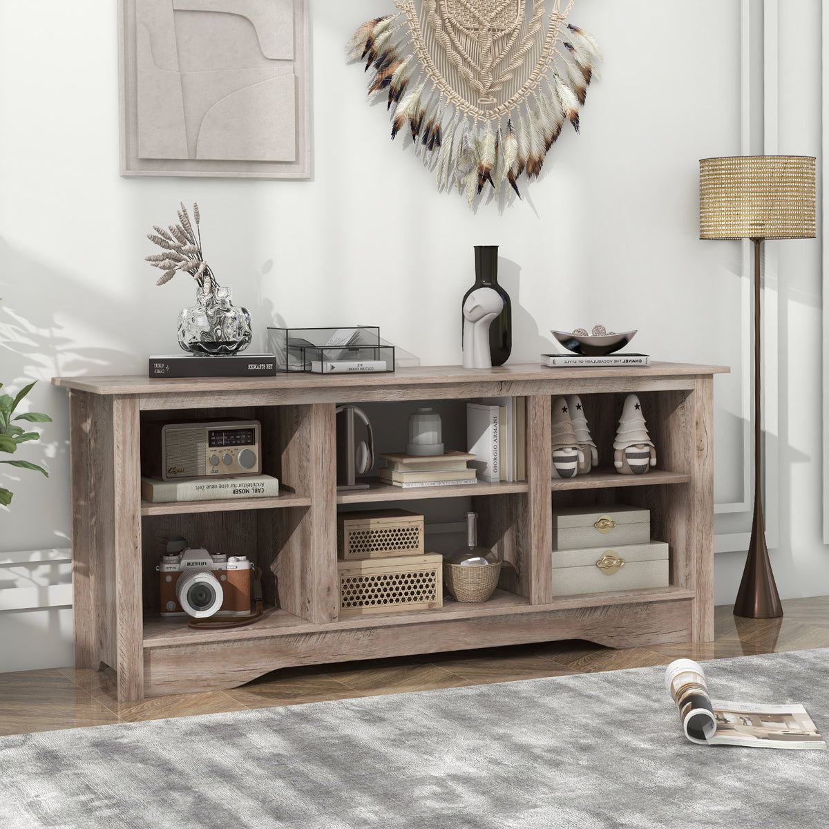 TV Stand for up to 65 Inch Flat Screen TVs with Adjustable Shelves for 18 Inch Electric Fireplace (Not Included)-Gray-Entertainment Centers & TV Stands-DECOROLALA