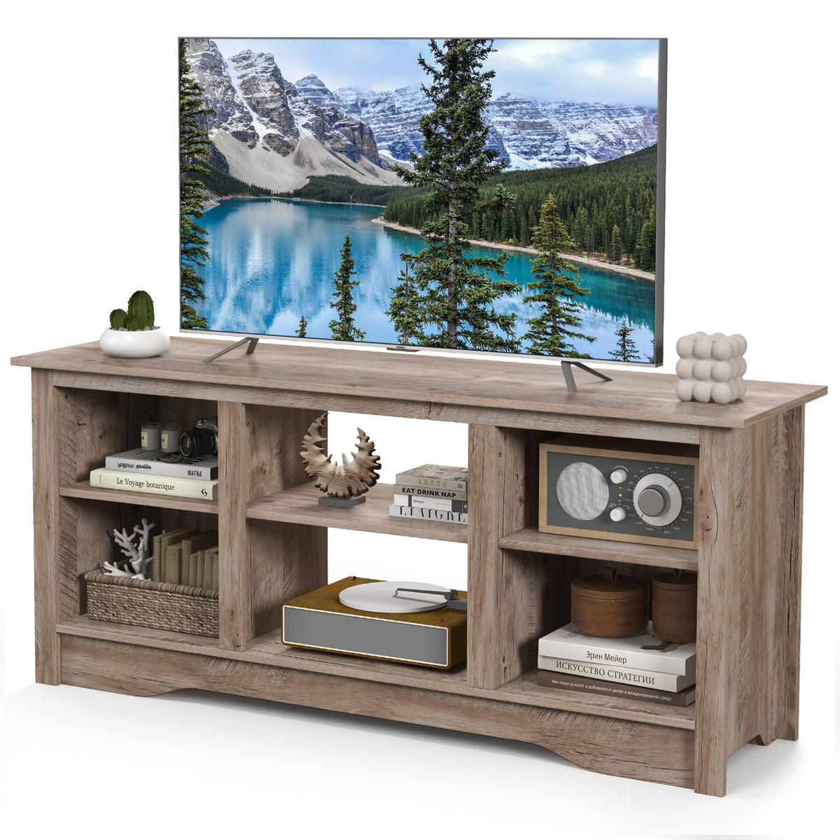 TV Stand for up to 65 Inch Flat Screen TVs with Adjustable Shelves for 18 Inch Electric Fireplace (Not Included)-Gray-Entertainment Centers & TV Stands-DECOROLALA