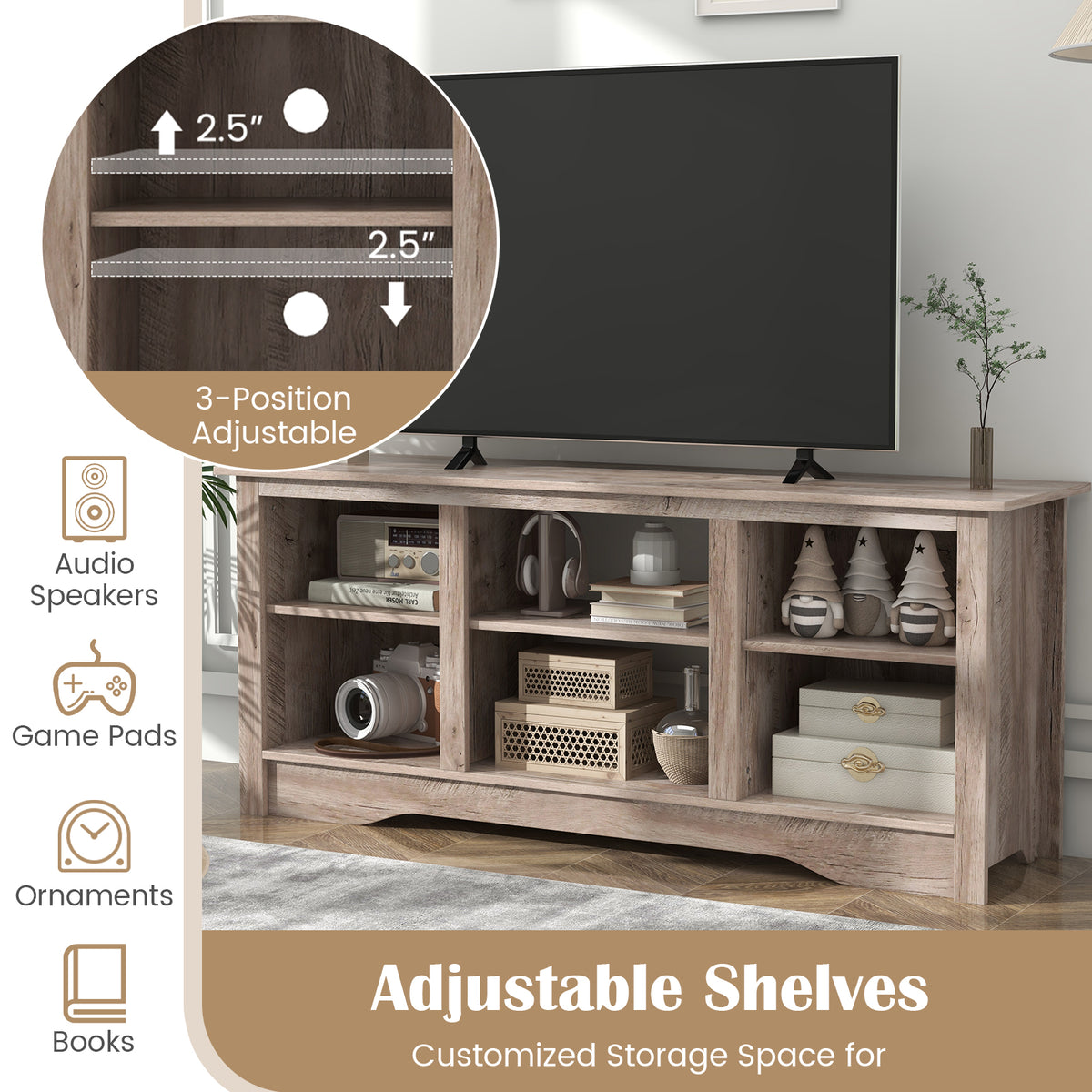 TV Stand for up to 65 Inch Flat Screen TVs with Adjustable Shelves for 18 Inch Electric Fireplace (Not Included)-Gray-Entertainment Centers & TV Stands-DECOROLALA