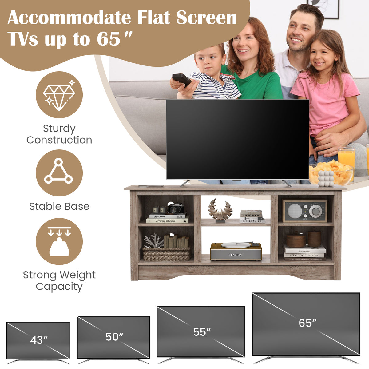 TV Stand for up to 65 Inch Flat Screen TVs with Adjustable Shelves for 18 Inch Electric Fireplace (Not Included)-Gray-Entertainment Centers & TV Stands-DECOROLALA