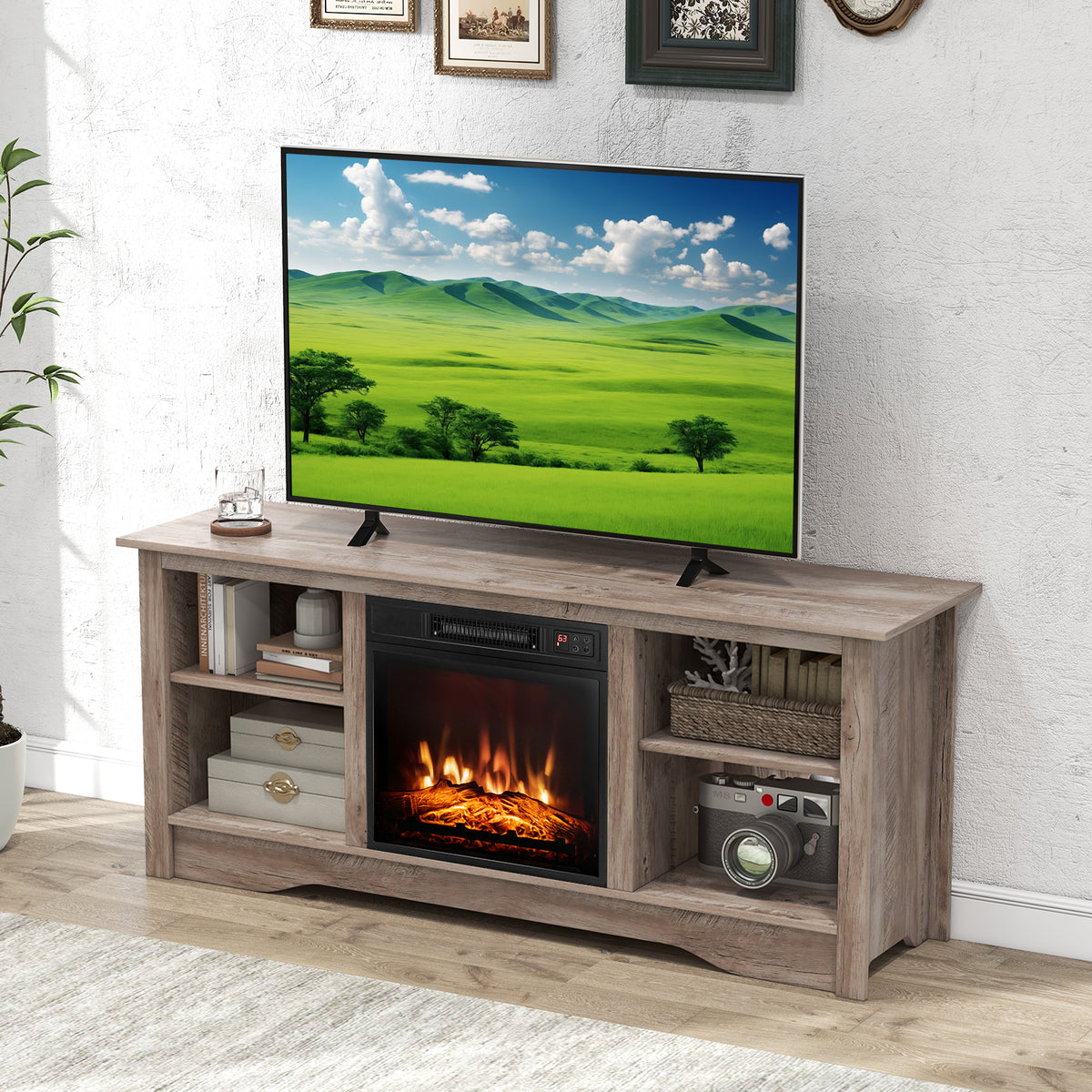TV Stand for up to 65 Inch Flat Screen TVs with Adjustable Shelves for 18 Inch Electric Fireplace (Not Included)-Gray-Entertainment Centers & TV Stands-DECOROLALA