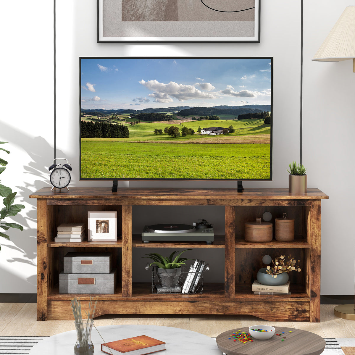TV Stand for up to 65 Inch Flat Screen TVs with Adjustable Shelves for 18 Inch Electric Fireplace (Not Included)-Rustic Brown-Entertainment Centers & TV Stands-DECOROLALA