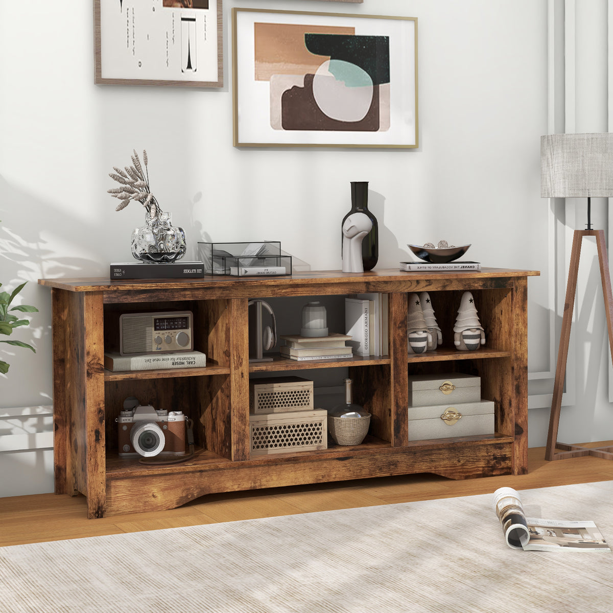 TV Stand for up to 65 Inch Flat Screen TVs with Adjustable Shelves for 18 Inch Electric Fireplace (Not Included)-Rustic Brown-Entertainment Centers & TV Stands-DECOROLALA