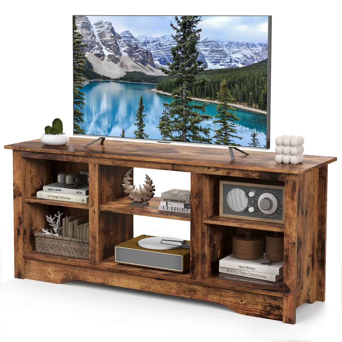 TV Stand for up to 65 Inch Flat Screen TVs with Adjustable Shelves for 18 Inch Electric Fireplace (Not Included)-Rustic Brown-Entertainment Centers & TV Stands-DECOROLALA