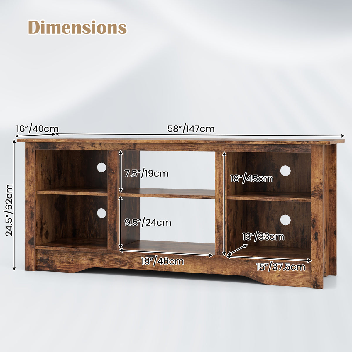 TV Stand for up to 65 Inch Flat Screen TVs with Adjustable Shelves for 18 Inch Electric Fireplace (Not Included)-Rustic Brown-Entertainment Centers & TV Stands-DECOROLALA