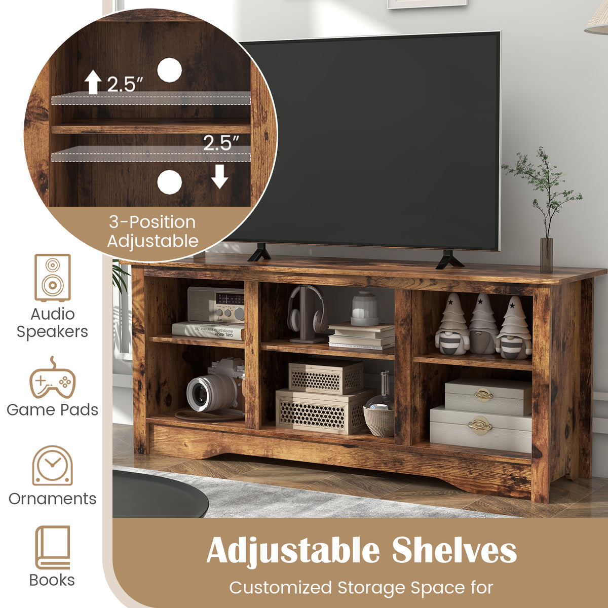 TV Stand for up to 65 Inch Flat Screen TVs with Adjustable Shelves for 18 Inch Electric Fireplace (Not Included)-Rustic Brown-Entertainment Centers & TV Stands-DECOROLALA