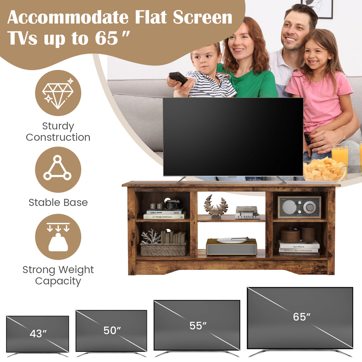 TV Stand for up to 65 Inch Flat Screen TVs with Adjustable Shelves for 18 Inch Electric Fireplace (Not Included)-Rustic Brown-Entertainment Centers & TV Stands-DECOROLALA