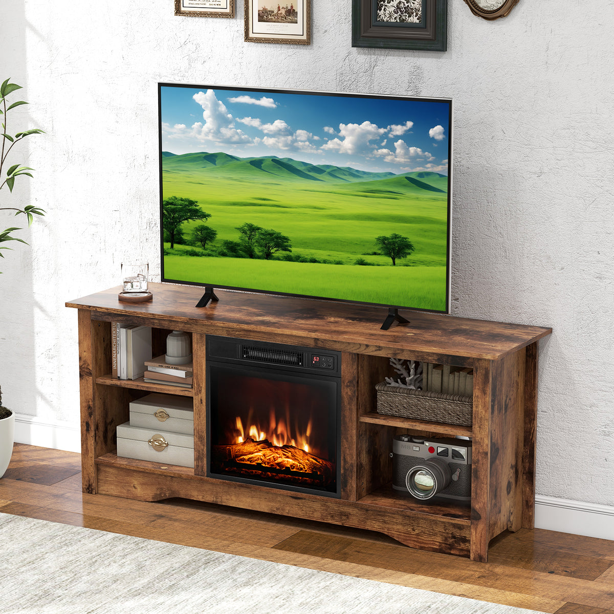 TV Stand for up to 65 Inch Flat Screen TVs with Adjustable Shelves for 18 Inch Electric Fireplace (Not Included)-Rustic Brown-Entertainment Centers & TV Stands-DECOROLALA
