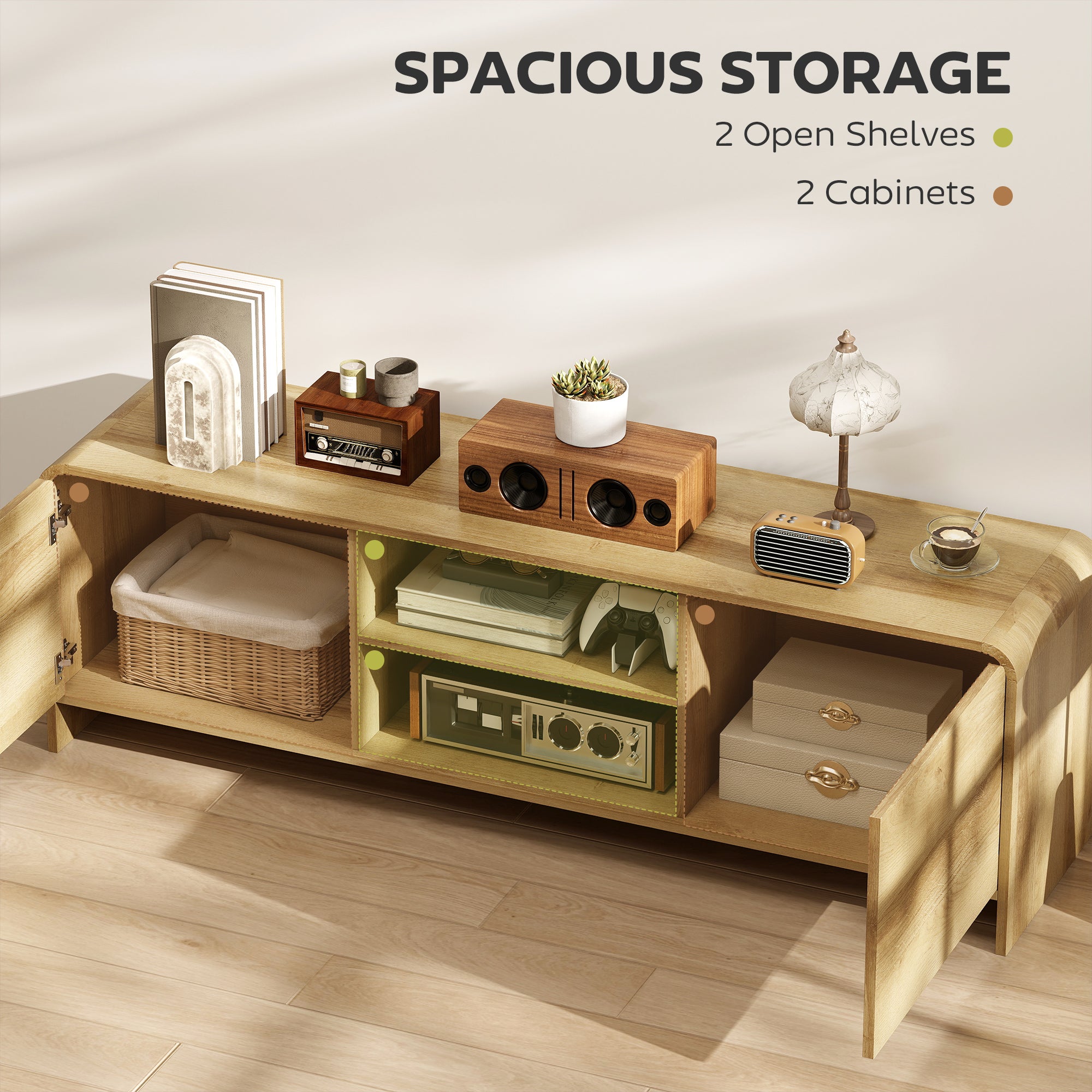 TV Stand for up to 65 Inch TV, Nordic Entertainment Center with 2 Cabinets and 2 Open Shelves for Living Room, Natural-Home Furnishings > Living Room Furniture > TV¬†Stands-DECOROLALA