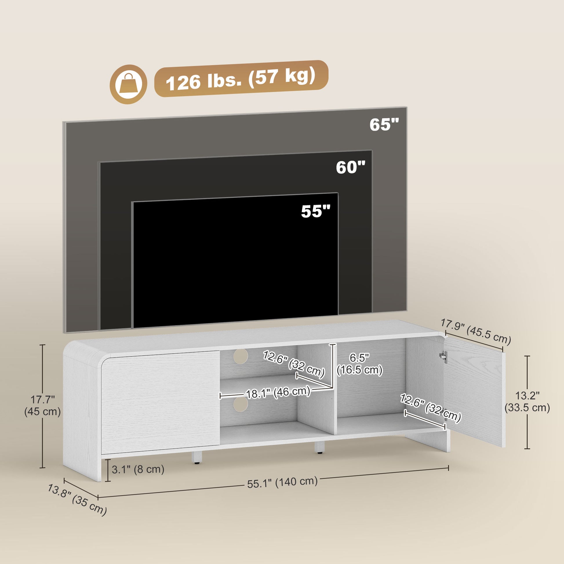 TV Stand for up to 65 Inch TV, Nordic Entertainment Center with 2 Cabinets and 2 Open Shelves for Living Room, White-Home Furnishings > Living Room Furniture > TV¬†Stands-DECOROLALA