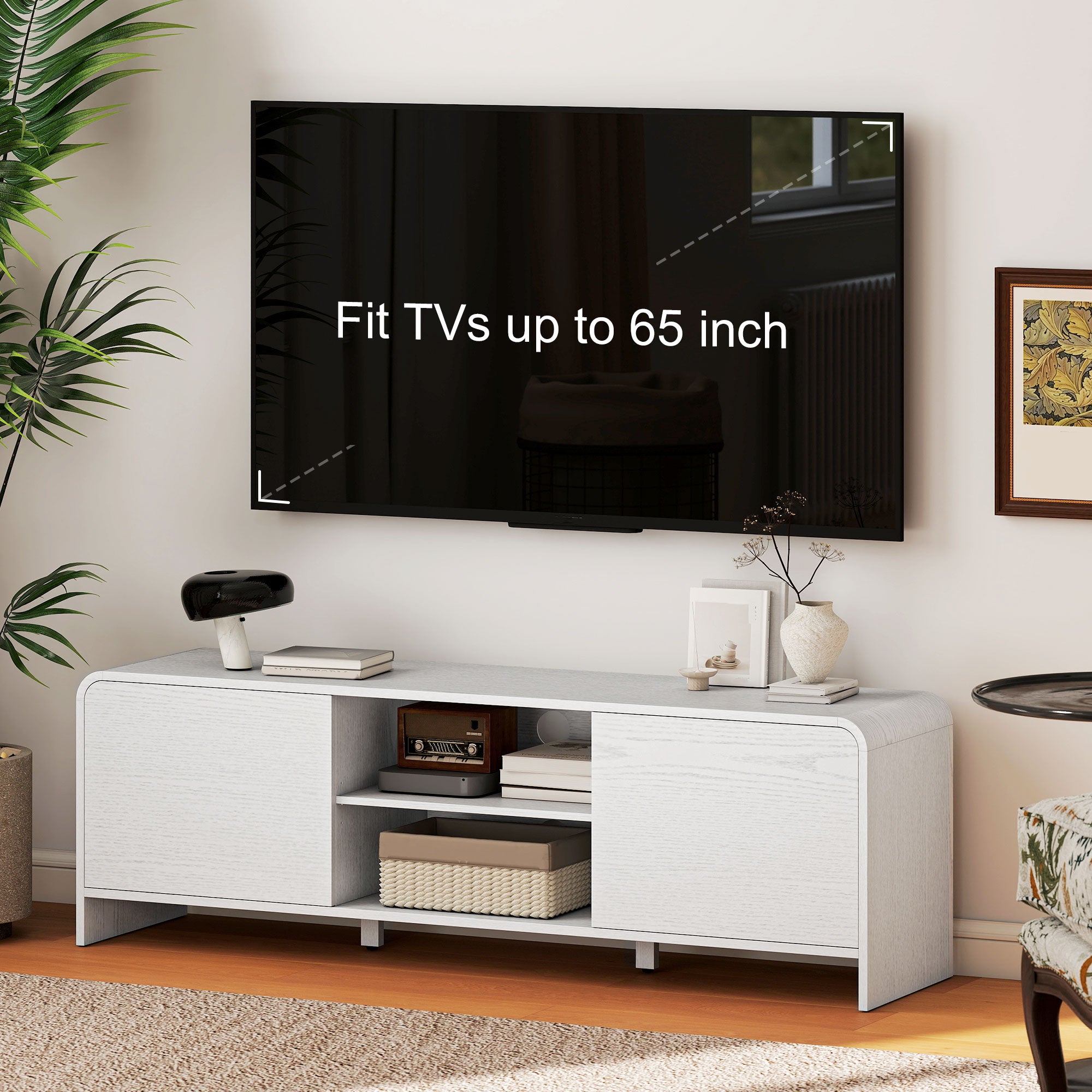 TV Stand for up to 65 Inch TV, Nordic Entertainment Center with 2 Cabinets and 2 Open Shelves for Living Room, White-Home Furnishings > Living Room Furniture > TV¬†Stands-DECOROLALA