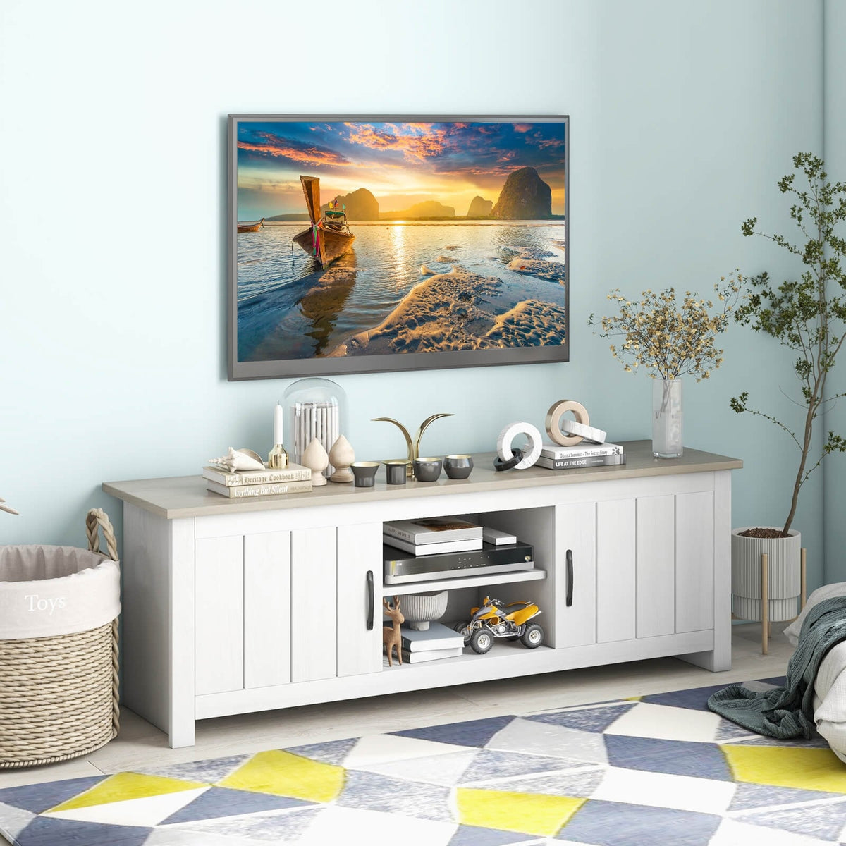 TV Stand with 2 Cabinets and Open Shelves for TVs up to 65 Inch-Natural-Entertainment Centers & TV Stands-DECOROLALA