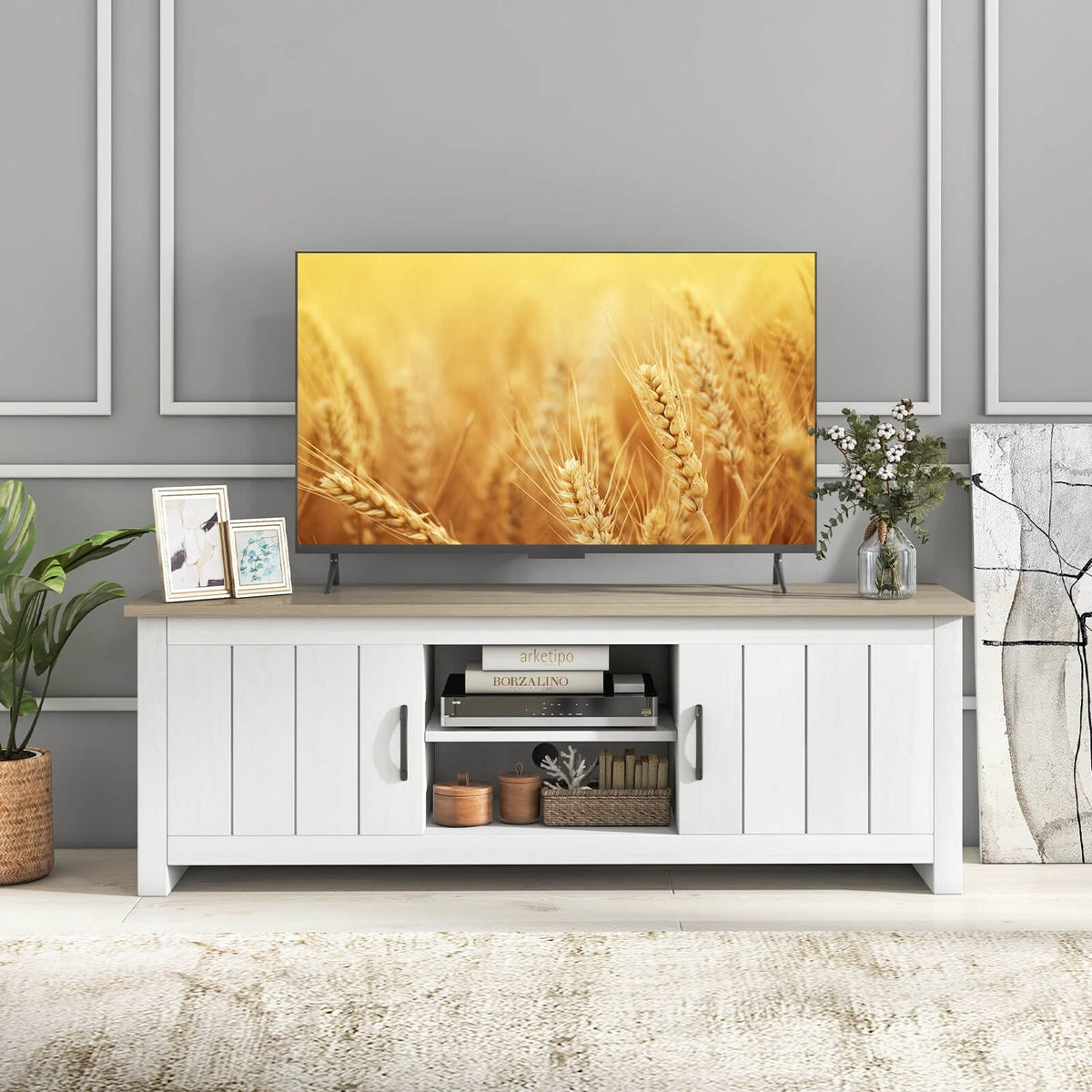 TV Stand with 2 Cabinets and Open Shelves for TVs up to 65 Inch-Natural-Entertainment Centers & TV Stands-DECOROLALA
