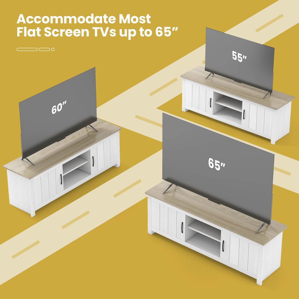 TV Stand with 2 Cabinets and Open Shelves for TVs up to 65 Inch-Natural-Entertainment Centers & TV Stands-DECOROLALA