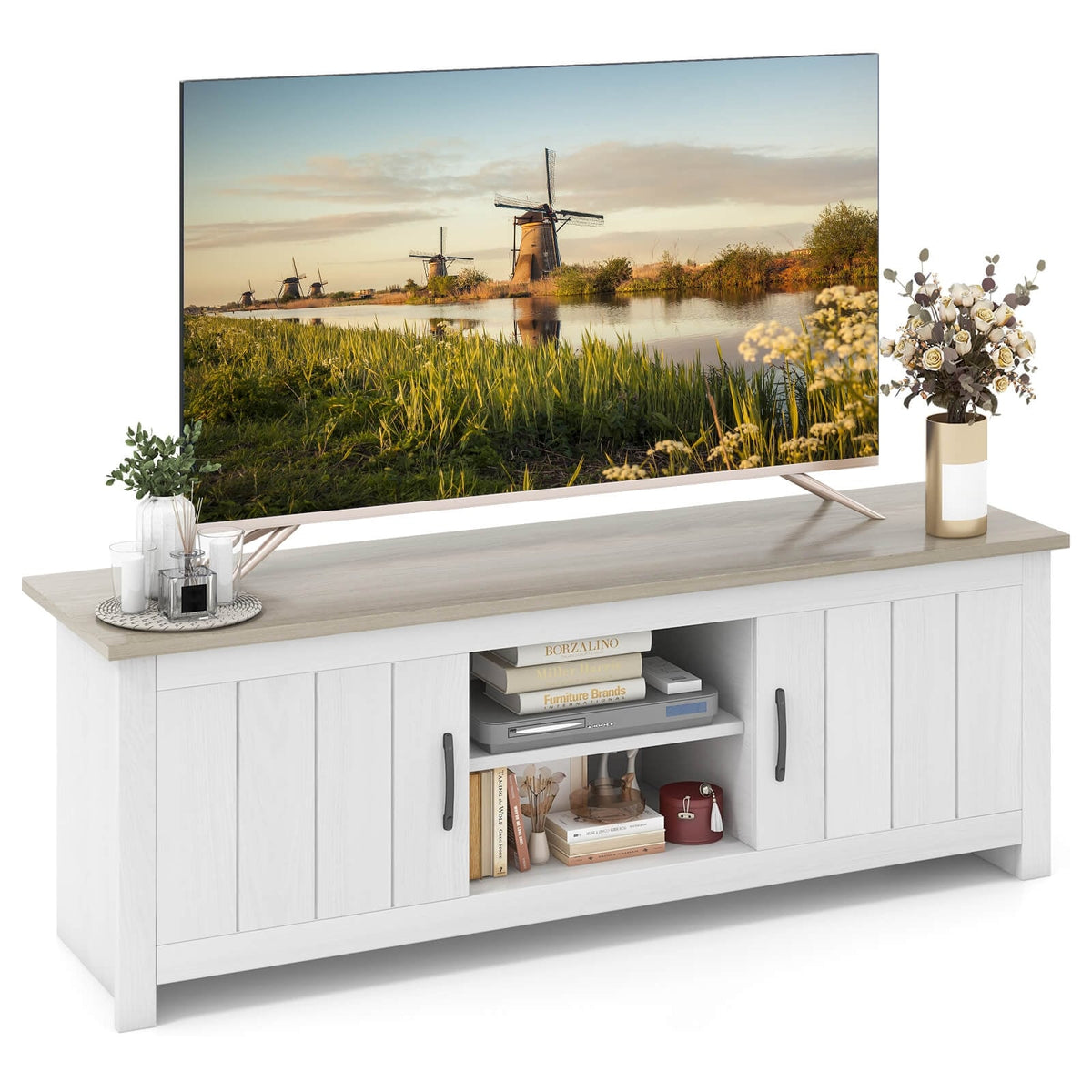 TV Stand with 2 Cabinets and Open Shelves for TVs up to 65 Inch-Natural-Entertainment Centers & TV Stands-DECOROLALA