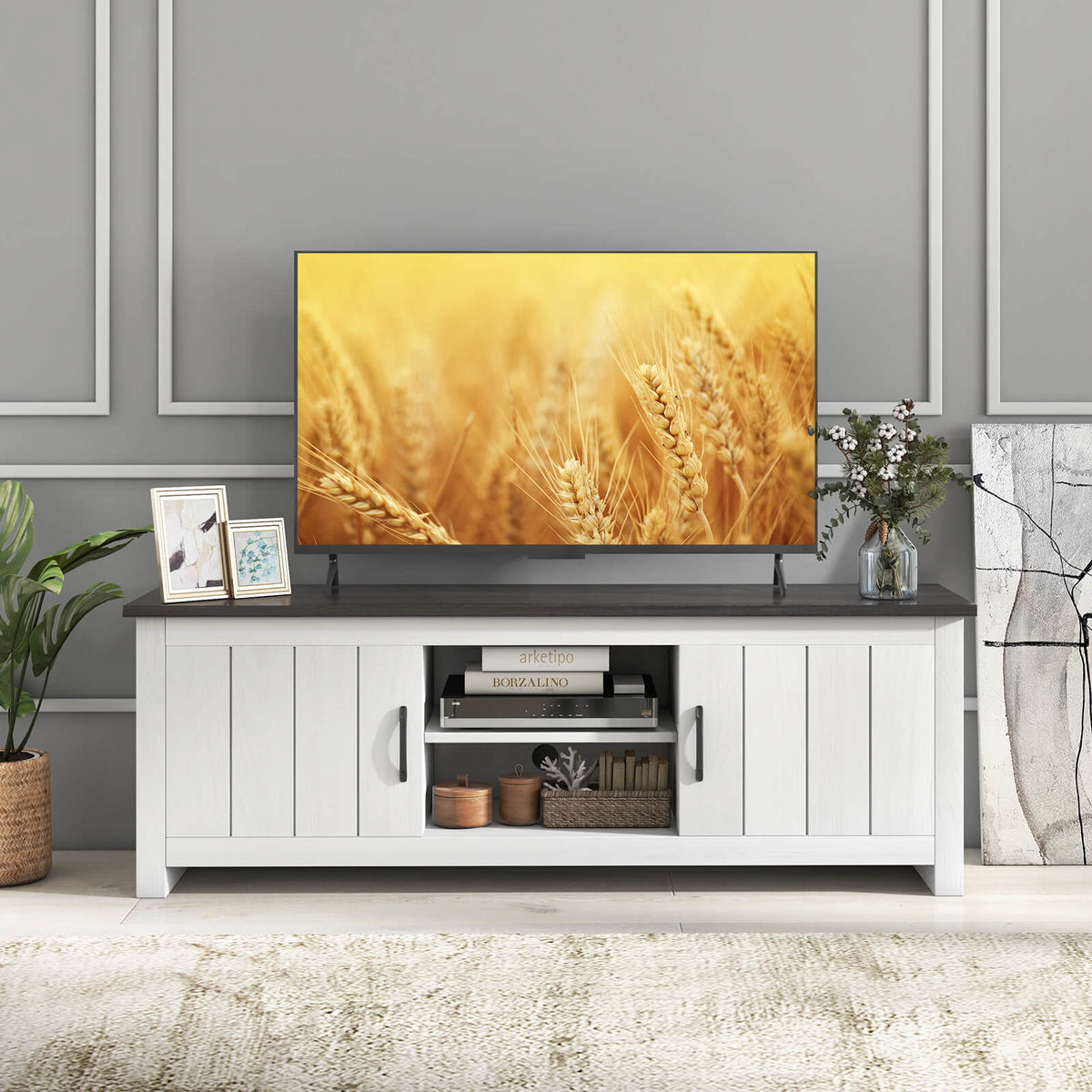 TV Stand with 2 Cabinets and Open Shelves for TVs up to 65 Inches-Black-Entertainment Centers & TV Stands-DECOROLALA