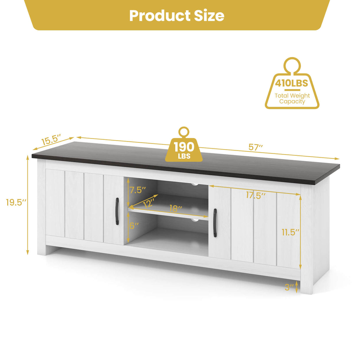 TV Stand with 2 Cabinets and Open Shelves for TVs up to 65 Inches-Black-Entertainment Centers & TV Stands-DECOROLALA