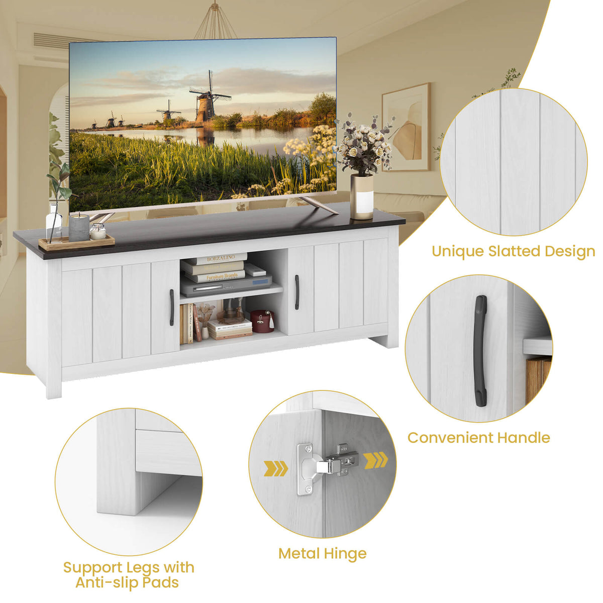 TV Stand with 2 Cabinets and Open Shelves for TVs up to 65 Inches-Black-Entertainment Centers & TV Stands-DECOROLALA