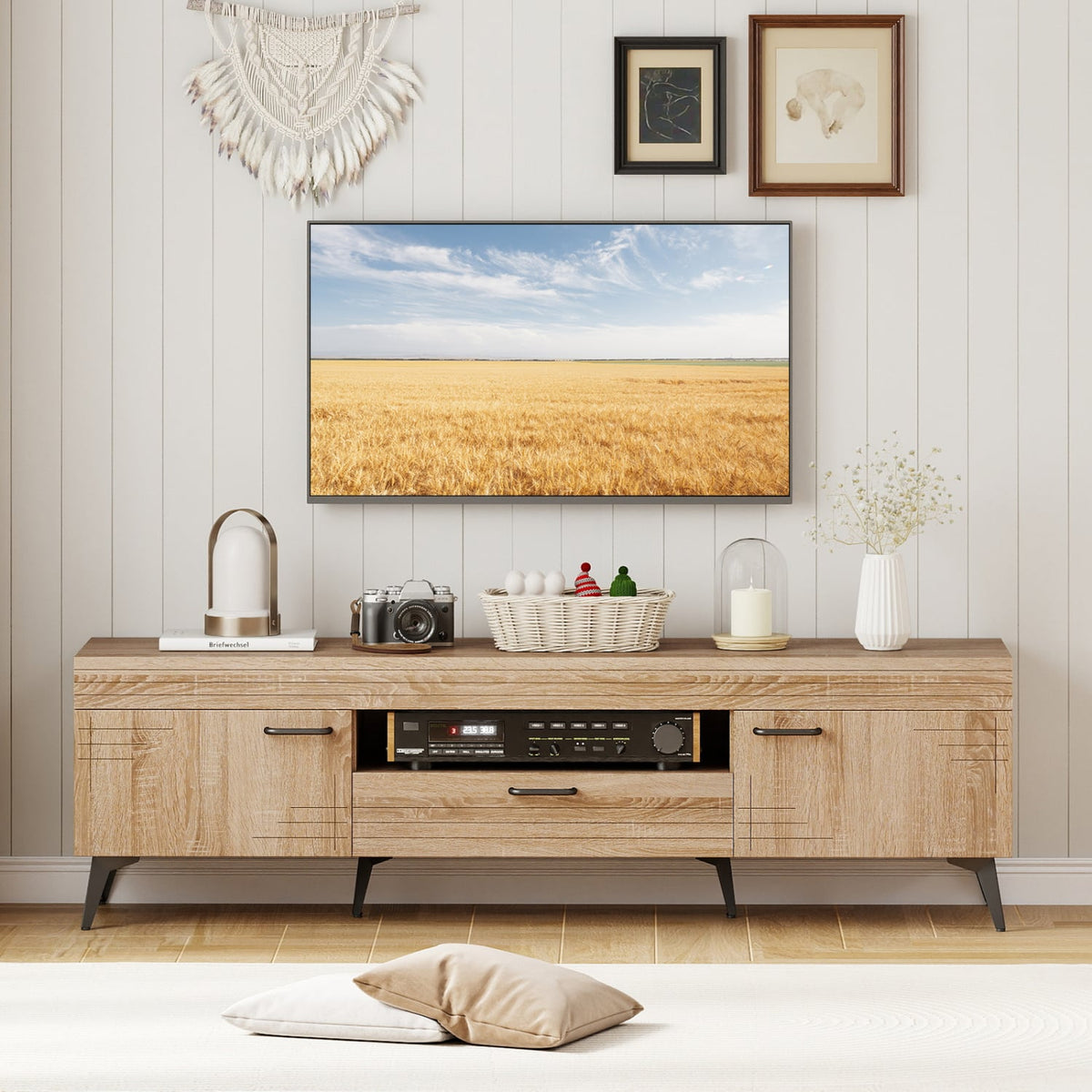 TV Stand with 2 Cabinets and Storage Drawer for 65 Inches TVs-Oak-Entertainment Centers & TV Stands-DECOROLALA