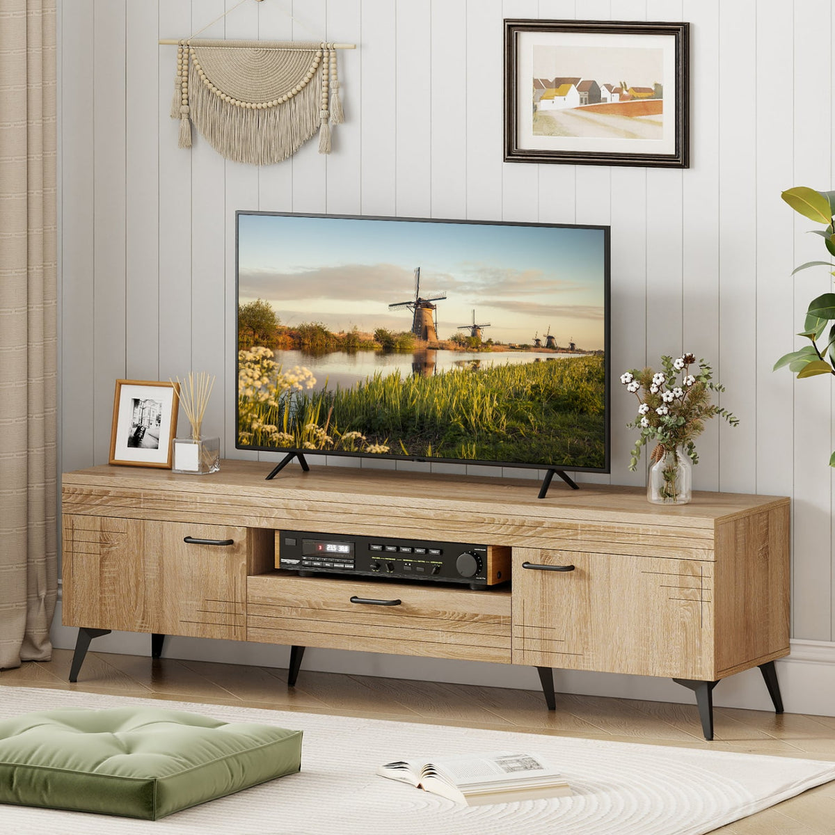 TV Stand with 2 Cabinets and Storage Drawer for 65 Inches TVs-Oak-Entertainment Centers & TV Stands-DECOROLALA