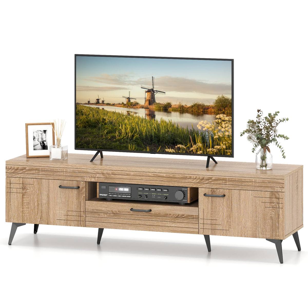 TV Stand with 2 Cabinets and Storage Drawer for 65 Inches TVs-Oak-Entertainment Centers & TV Stands-DECOROLALA
