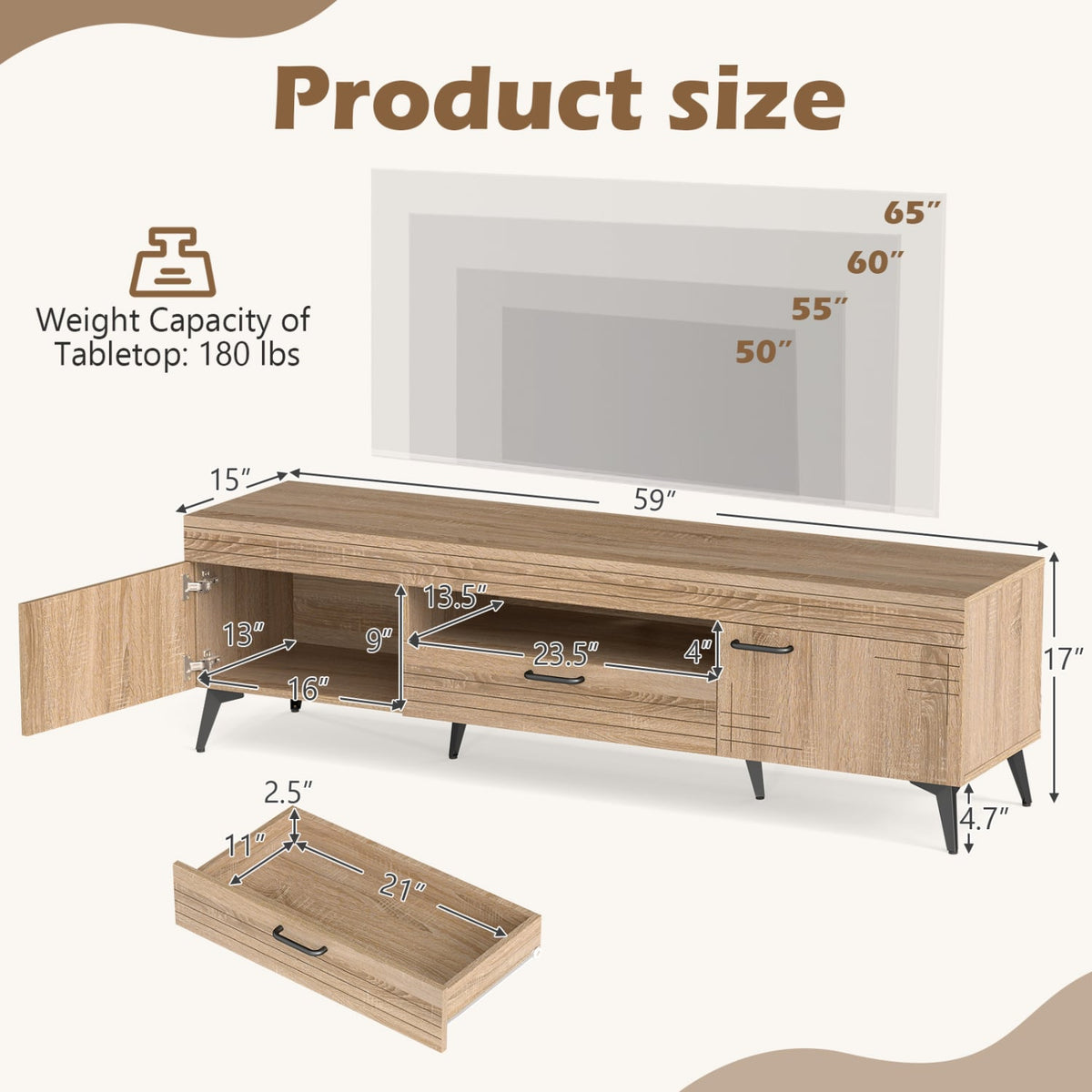 TV Stand with 2 Cabinets and Storage Drawer for 65 Inches TVs-Oak-Entertainment Centers & TV Stands-DECOROLALA