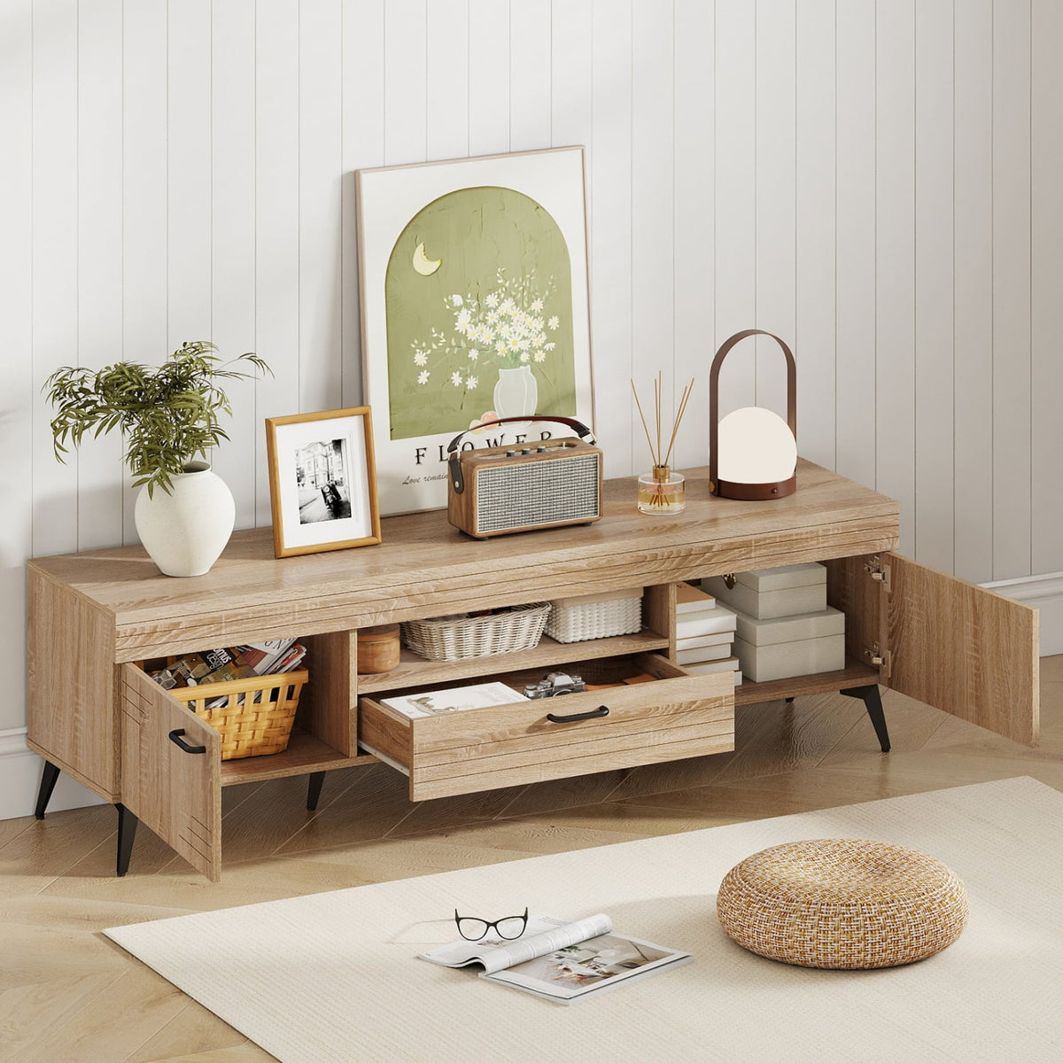 TV Stand with 2 Cabinets and Storage Drawer for 65 Inches TVs-Oak-Entertainment Centers & TV Stands-DECOROLALA