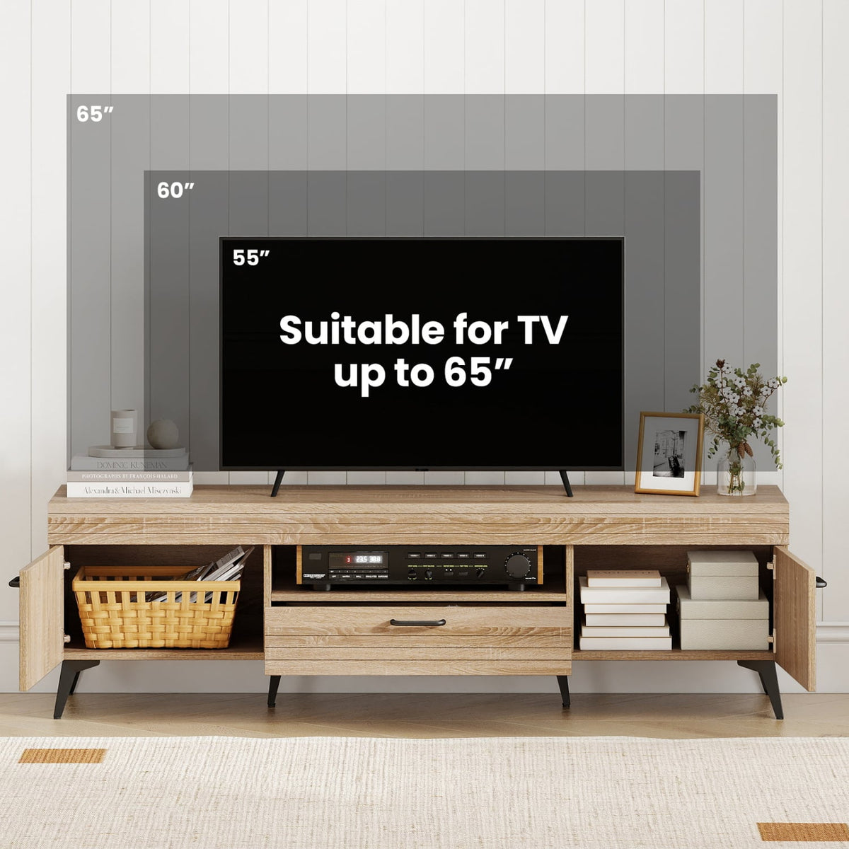 TV Stand with 2 Cabinets and Storage Drawer for 65 Inches TVs-Oak-Entertainment Centers & TV Stands-DECOROLALA