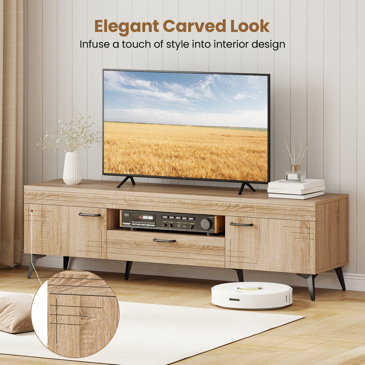TV Stand with 2 Cabinets and Storage Drawer for 65 Inches TVs-Oak-Entertainment Centers & TV Stands-DECOROLALA