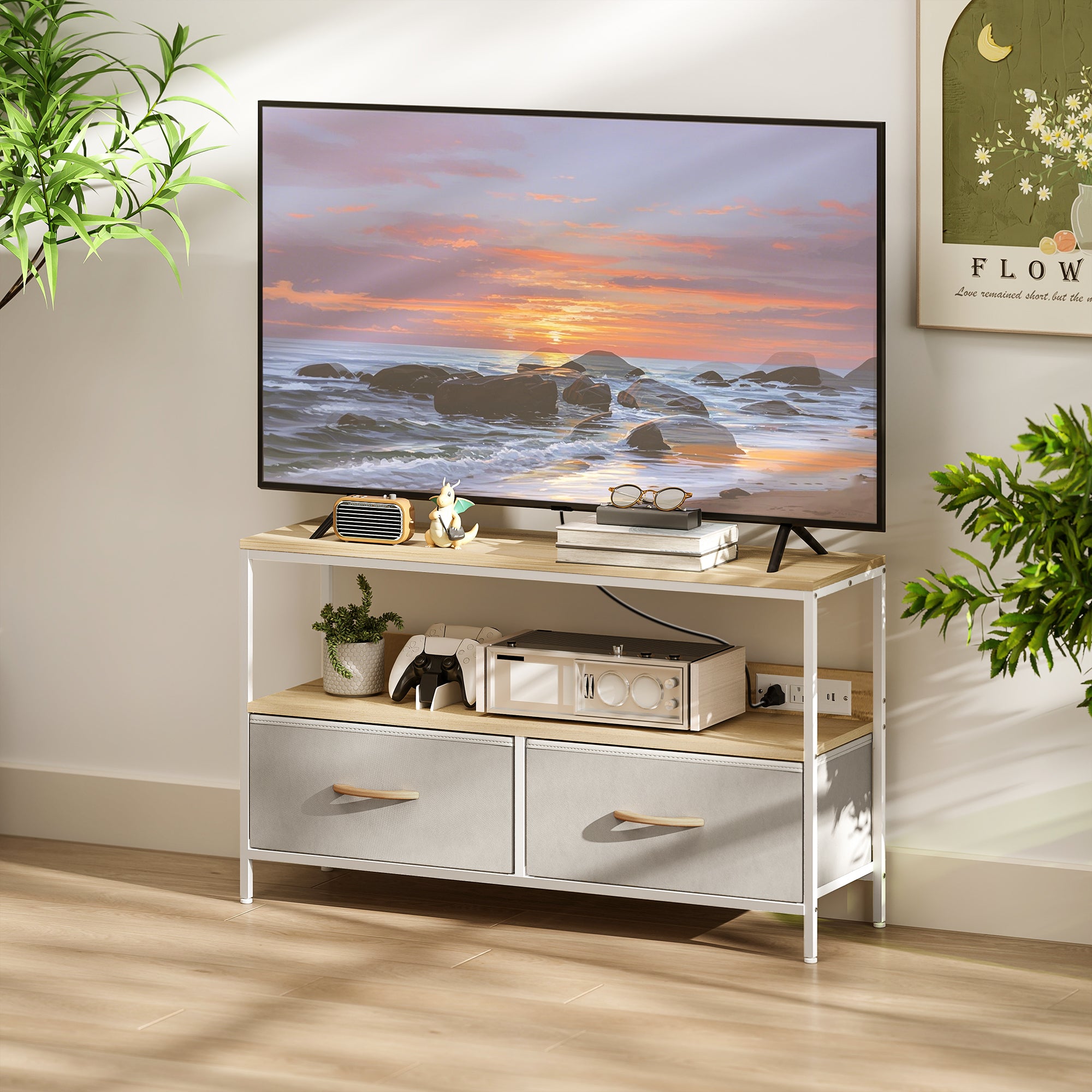 TV Stand with Charging Station, TV Table with 2 Foldable Linen Drawers and Open Shelf for 47 Inch TV, Oak-Home Furnishings > Living Room Furniture > TV¬†Stands-DECOROLALA