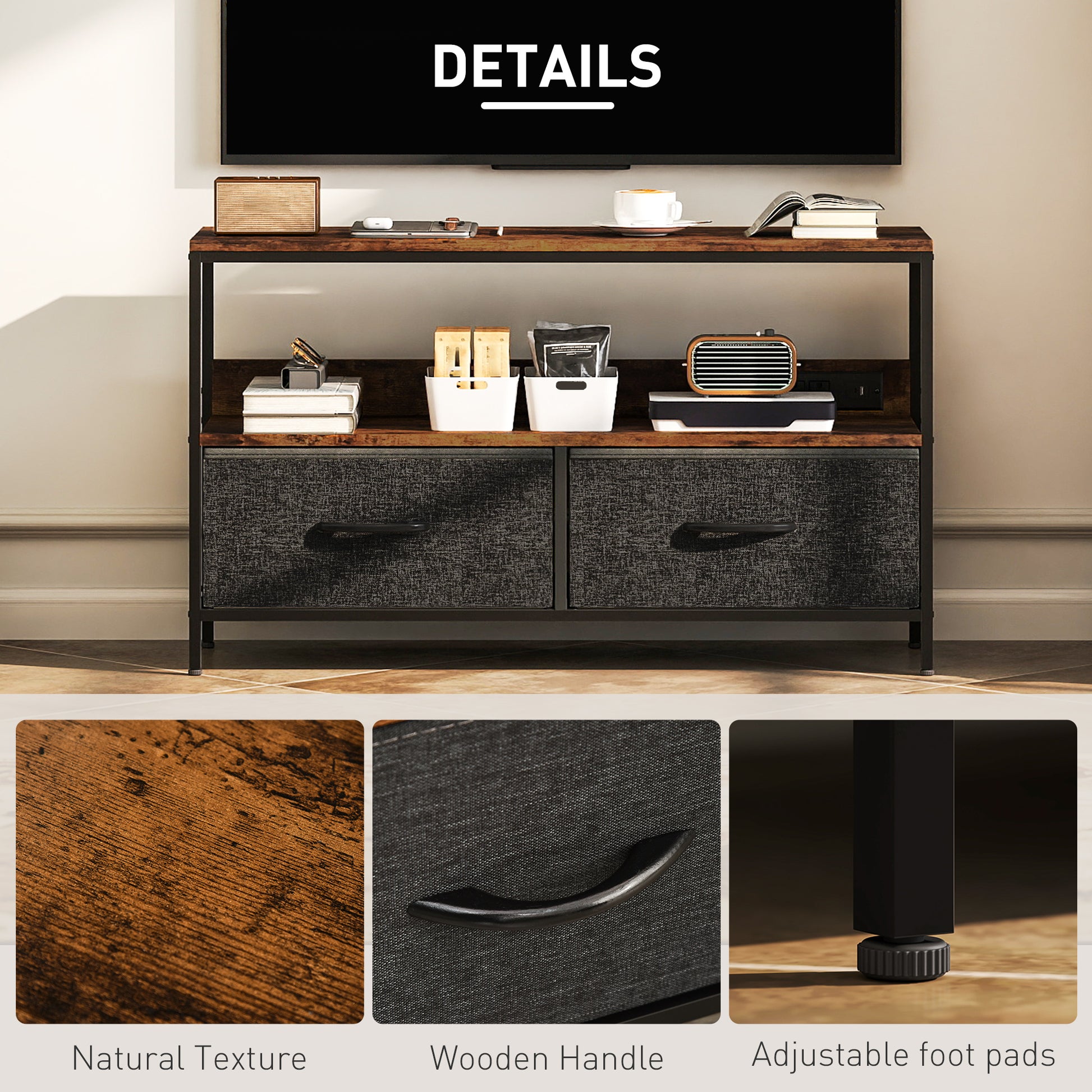 TV Stand with Charging Station, TV Table with 2 Foldable Linen Drawers and Open Shelf for 47 Inch TV, Rustic Brown-Home Furnishings > Living Room Furniture > TV¬†Stands-DECOROLALA
