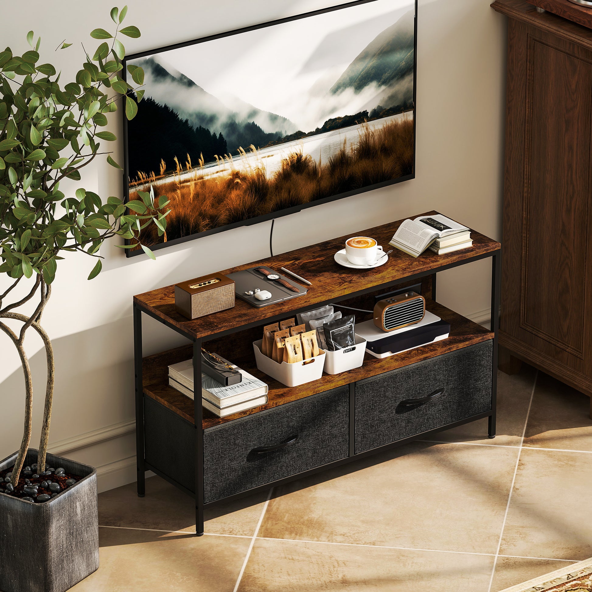 TV Stand with Charging Station, TV Table with 2 Foldable Linen Drawers and Open Shelf for 47 Inch TV, Rustic Brown-Home Furnishings > Living Room Furniture > TV¬†Stands-DECOROLALA