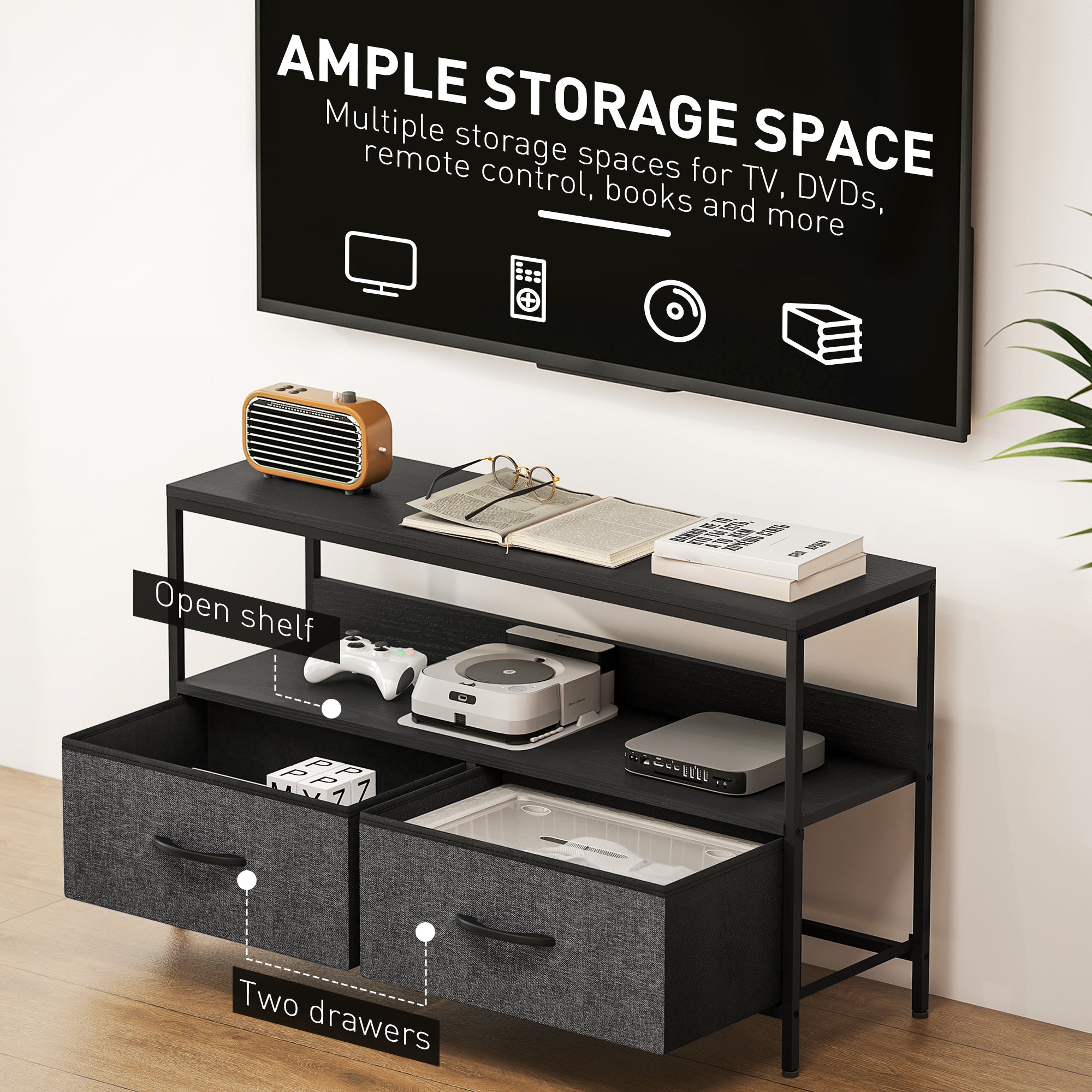 TV Stand with Charging Station, TV Table with 2 Foldable Linen Drawers and Open Shelf for 47 Inch Television, Black-Home Furnishings > Living Room Furniture > TV¬†Stands-DECOROLALA