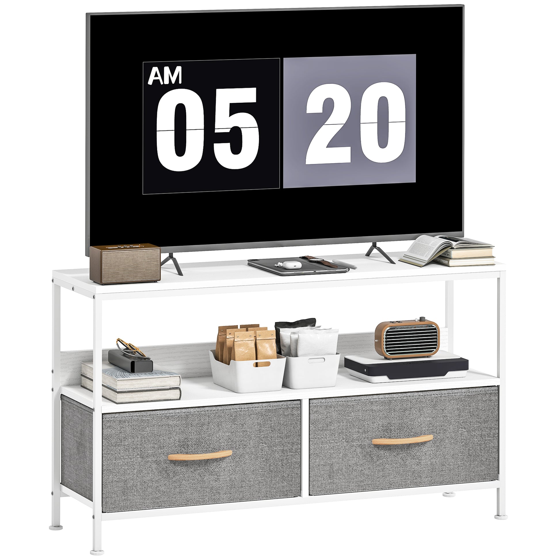 TV Stand with Charging Station, TV Table with 2 Foldable Linen Drawers and Open Shelf for 47 Inch Television, White-Home Furnishings > Living Room Furniture > TV¬†Stands-DECOROLALA
